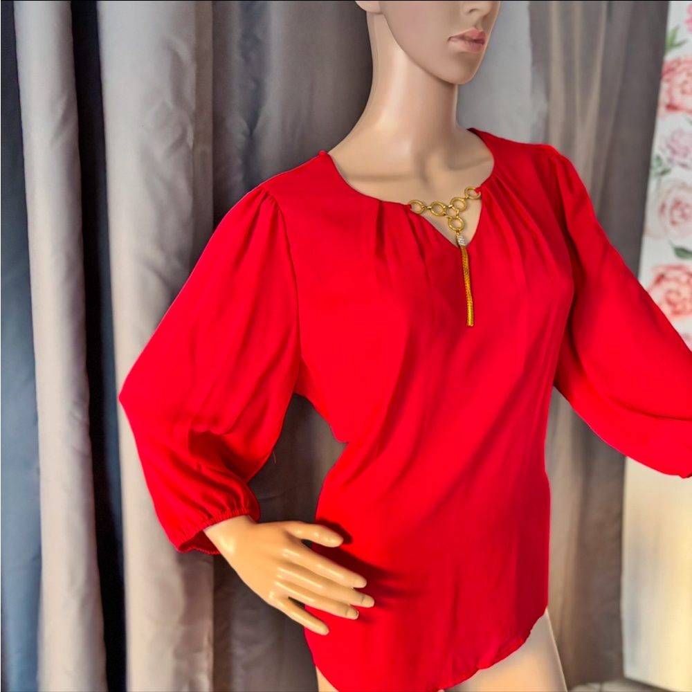 Vibrant Red Blouse with V-Neck Puff Sleeves and 3/4 Length